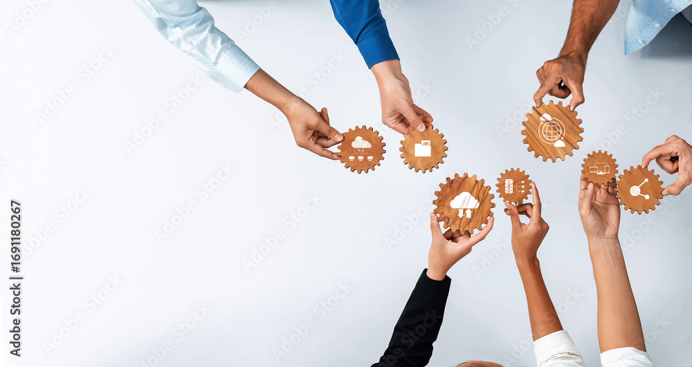 Poster this image showcases a diverse group of hands connecting gears that symbolize teamwork and innovatio