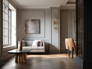 Aesthetic beautiful elegant  modern luxury interior design. Clear mock up empty wall for decoration in the apartment, painting frame. Copy space in the room.