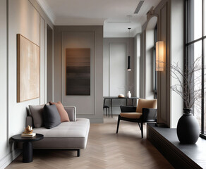 Aesthetic beautiful elegant  modern luxury interior design. Clear mock up empty wall for decoration in the apartment, painting frame. Copy space in the room.
