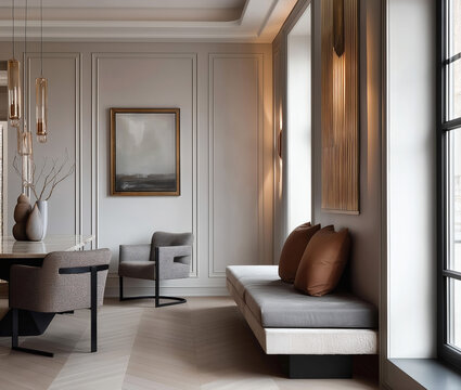 Aesthetic beautiful elegant  modern luxury interior design. Clear mock up empty wall for decoration in the apartment, painting frame. Copy space in the room.