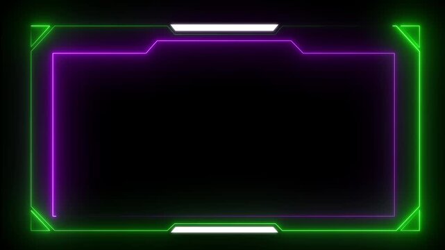 Animation of glowing neon gaming frame abstract background. abstract glowing neon border frame. Rectangle streaming frame with particles overlay, neon red and blue color motion graphic.