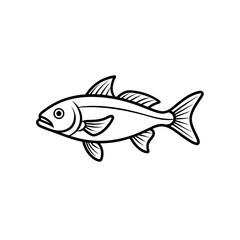 Illustration of a fish with detailed fins and scales in black outline on a white background design element on transparent background