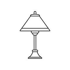 Illustration of a simple table lamp with a conical shade and a slender stand in a line drawing style on transparent background