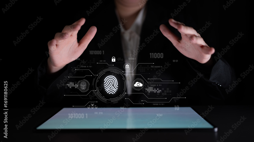 Poster biometric fingerprint identification and cybersecurity system ensuring secure access, identity verif