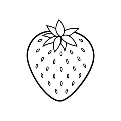 Illustration of a simple strawberry outline with seeds and leaves on top in a white background on transparent background