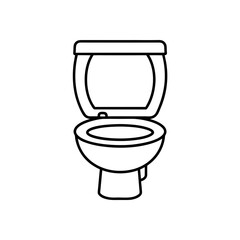 Illustration of a toilet with the seat up and a simple black outline on a white background view from front on transparent background
