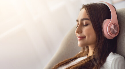 Enjoy favorite music, rest and relax at home at spare time and modern service. Smiling peaceful...