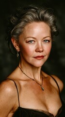 A woman with a necklace and earrings is standing in front of a black background. She has a serious expression on her face