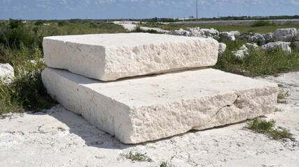 White stone blocks in a field.