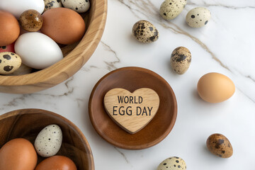 Celebrate World Egg Day with a rustic marble scene featuring diverse eggs and a heart-shaped plaque—honoring nutrition, tradition, and culinary beauty. generative ai