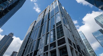Modern architecture: upward view of glass and concrete skyscraper against a blue sky with scattered clouds