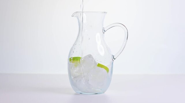 Glaskaraffe mit Mineralwasser und Limonenscheibe und Eisw&uuml;rfeln