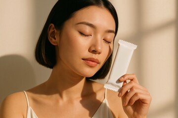 Asian woman with short hair holding white protein bar mockup near face in natural light portrait