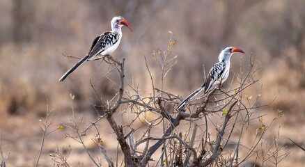 Two Jacksons hornbill bird on a tree branch in Kenya © Erich