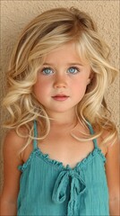 A young blonde girl with blue eyes is wearing a blue dress. She has long hair and is smiling