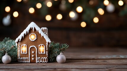 A charming gingerbread house with a frosted roof and glowing lights nestled among evergreen sprigs, creating a cozy atmosphere for the holiday season.