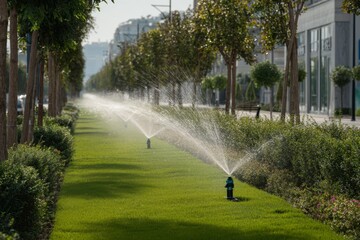 Water sprays from several sprinklers onto lush green grass, highlighting the well-maintained landscape beside a modern urban road under clear skies