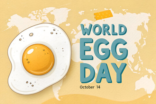World Egg Day celebration with a sunny-side-up egg, global map background, and bold blue text—highlighting the nutritional value of eggs worldwide on October 14 generative ai