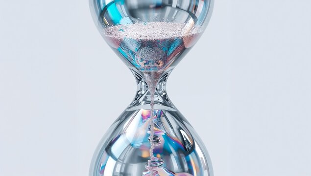 A close-up shot of a gleaming hourglass, conveying themes of time, impermanence, and the beauty of fleeting moments. The sand cascades downwards, symbolizing the continuous flow of time.