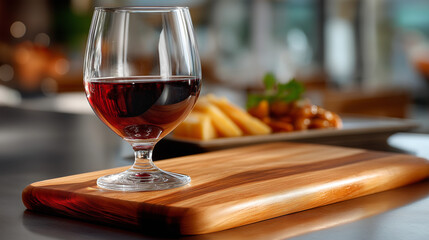 Naklejka premium Angled shot from the side: wooden board in foreground, glass of red wine in focus, blurred background.