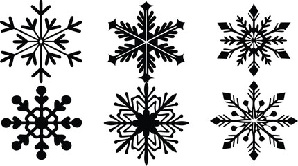 Collection of six black snowflake shapes isolated on white background, perfect for winter and holiday designs