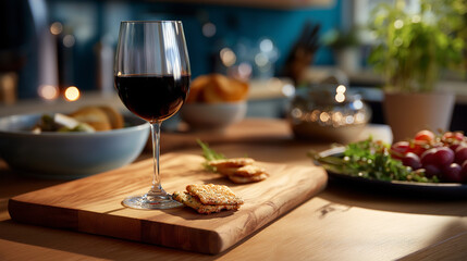 Naklejka premium Angled shot from the side: wooden board in foreground, glass of red wine in focus, blurred background.