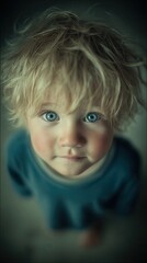 A young child with blonde hair and blue eyes is looking up at the camera. The child is wearing a blue shirt and he is smiling. Concept of innocence and curiosity