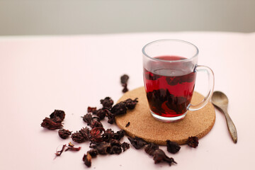 Tea leaves, tea leaf, grass, dry green tea on colored background