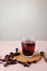 Tea leaves, tea leaf, grass, dry green tea on colored background