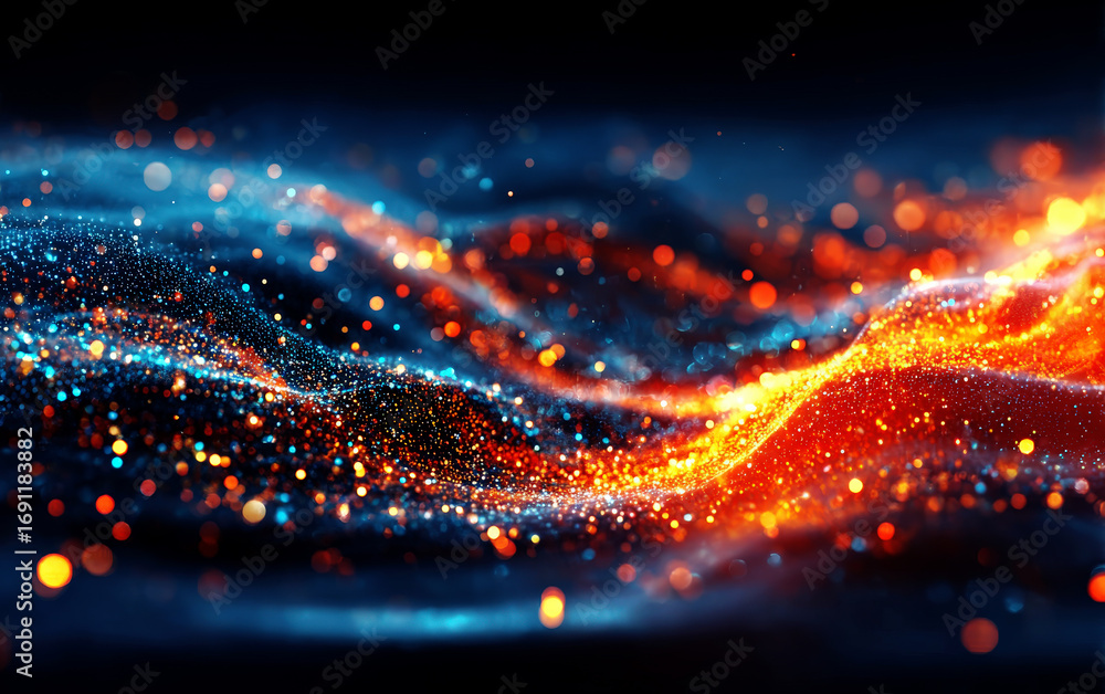 Poster vibrant and dynamic abstract digital waves with glowing particles