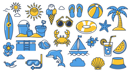 various summer and beach-themed cartoon icons, including a bucket with a shovel, a crab, a sailboat, and a dolphin, all in a blue and yellow color scheme