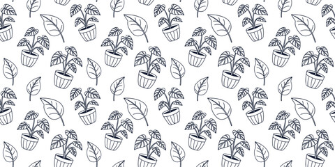 Seamless botanical pattern with hand drawn potted plants and decorative leaves, elegant nature inspired line art background, modern repeating floral design for fabric and wallpaper.