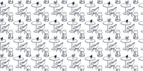 Seamless pattern with hand drawn cafe chairs, round tables, and small plants, elegant line art furniture background, modern repeating design for fabric, wallpaper, and decoration.