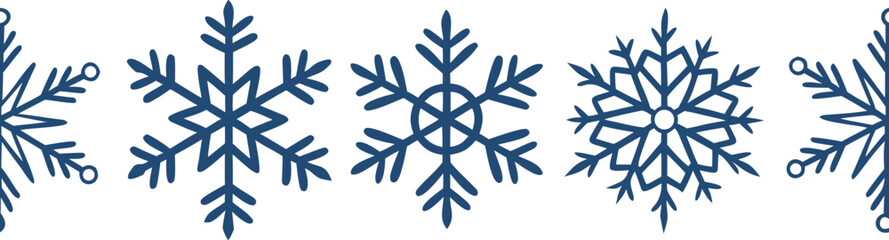 Seamless border of blue snowflakes isolated on white background, perfect for winter and holiday designs