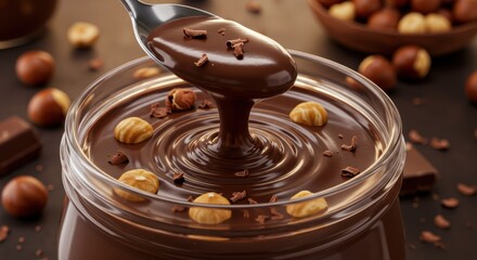 Delicious hazelnut chocolate spread in glass jar with spoon and chocolate shavings showcasing a tempting sweet treat indulgence