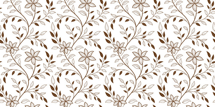 Seamless floral pattern with elegant brown flowers and leaves, decorative botanical line art background, vintage repeating design for fabric, wallpaper, wrapping, and textile prints.
