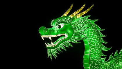 Illuminated green dragon head, dark background