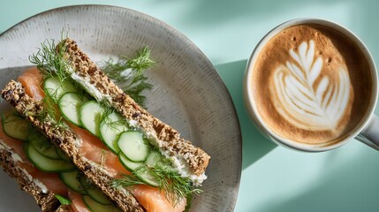 multigrain bread with smoked salmon and a cup of latte.