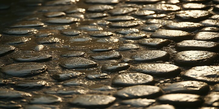 Wet cobblestone path with glistening water reflecting sunlight reflective stones