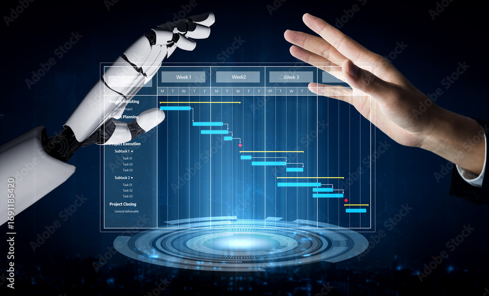 Poster a conceptual image showcasing collaboration between human and robotic hands in project management, f