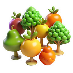 Whimsical cartoon fruit trees and fruit collection for digital art and design projects transparent background