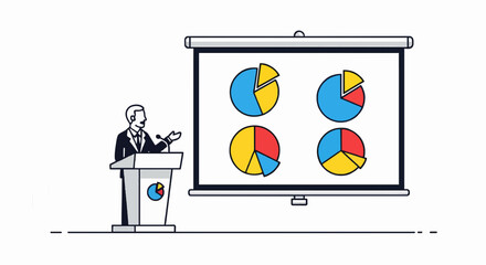 Speaker presents business data insights, financial analytics with pie charts on large projector screen, ideal for corporate meetings, strategic planning
