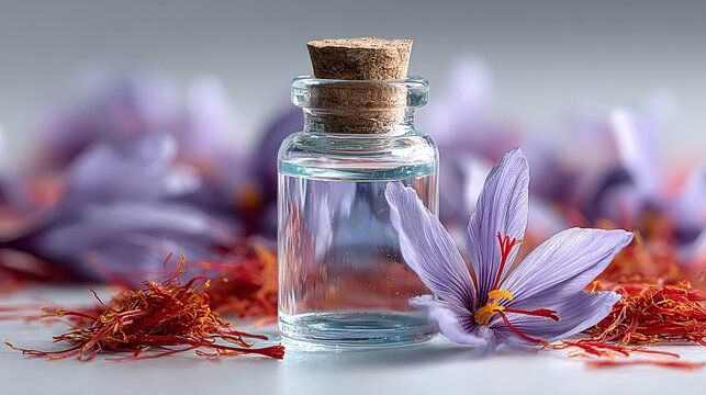 Saffron extract in a glass bottle with cork stopper and fresh saffron flower