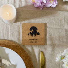Square cork coaster featuring a mountain and forest design with Polish text, perfect for rustic...