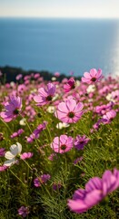 Fototapeta premium A vibrant field of pink and white flowers stretches towards the shimmering blue sea, creating a picturesque landscape full of natural beauty.
