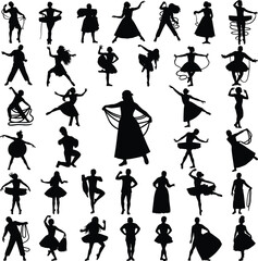 Abstract dance silhouette collection, creative human poses, costume movements, artistic figures in motion, expressive gesture illustrations vector set