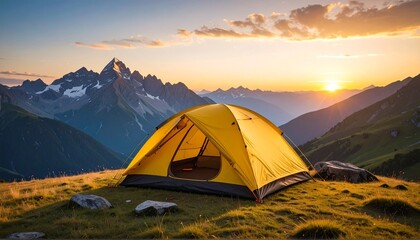 tent in the mountains at sunset