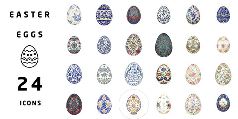 Decorative Easter eggs in various designs and colors, 24 icons Royal Worcester Style