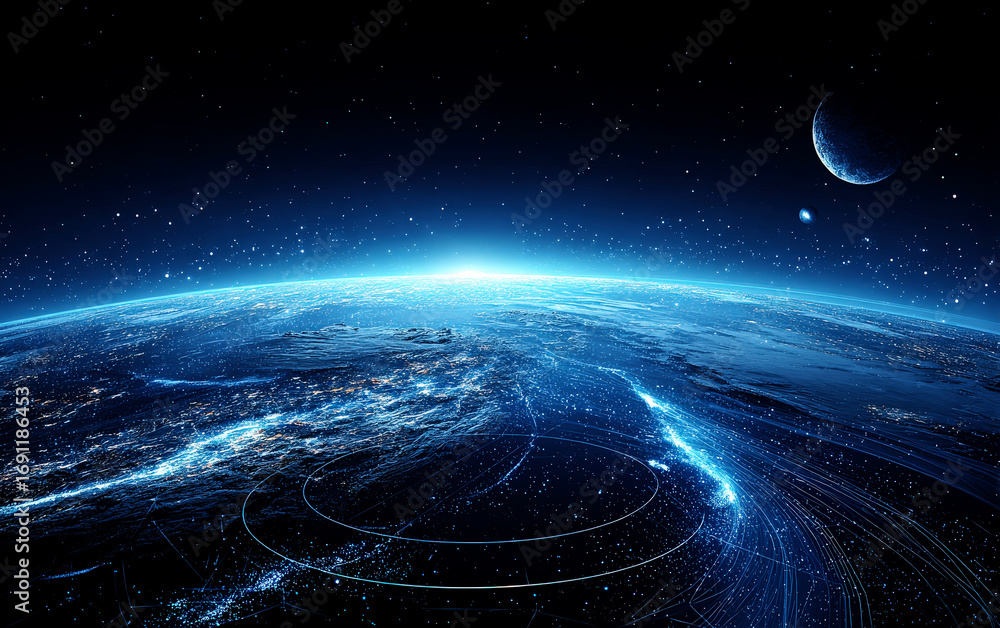 Poster vibrant view of earth from space with glowing network and moon