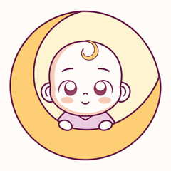 Cute cartoon baby resting on a gentle crescent moon at night